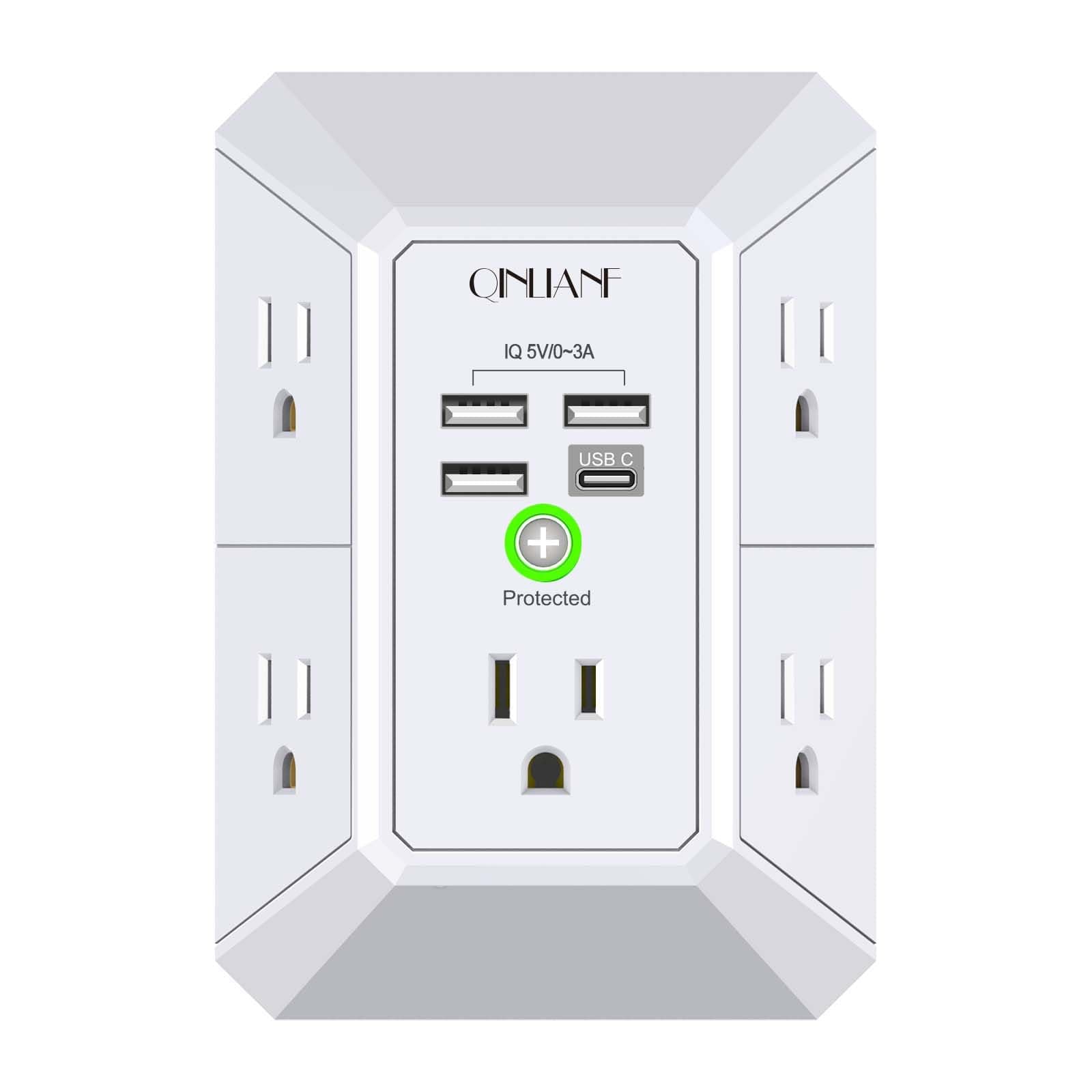 Cargador de pared, protector contra sobretensiones, extensor de 5 tomas QINLIANF con 4 puertos de carga USB, regleta de enchufes múltiple de 3 lados 1680J con espaciado para el hogar, viajes y oficina 3U1C Blanco