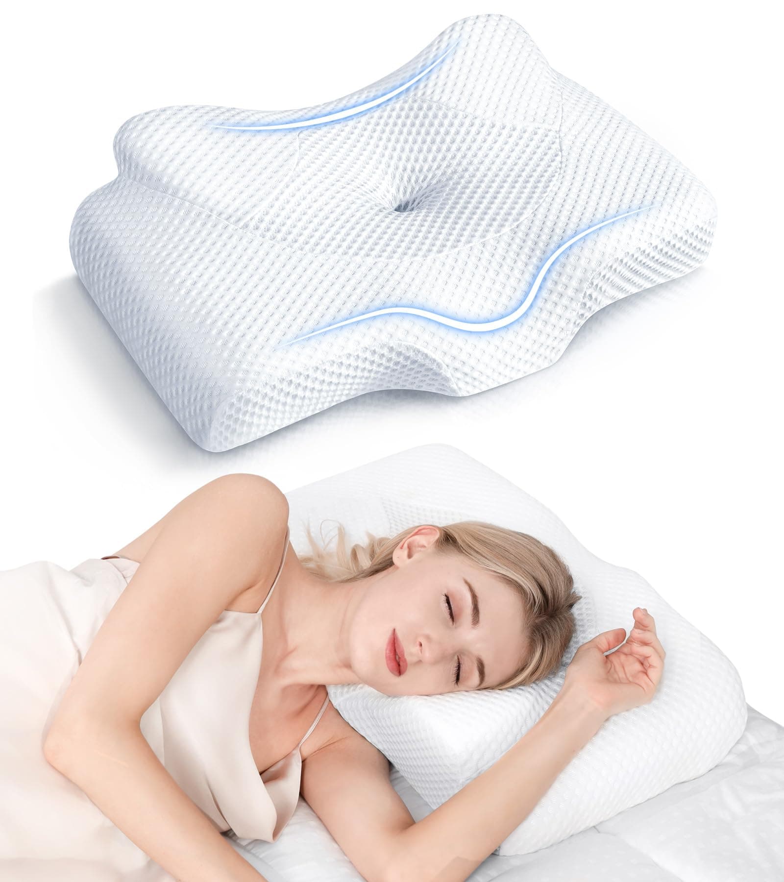 Osteo Cervical Pillow for Neck Pain Relief, Hollow Design Odorless Memory Foam Pillows with Cooling Case, Adjustable Orthopedic Bed Pillow for Sleeping, Support for Side Back Sleepers Queen(25.5*16.5*5.2/4.1 inches) White